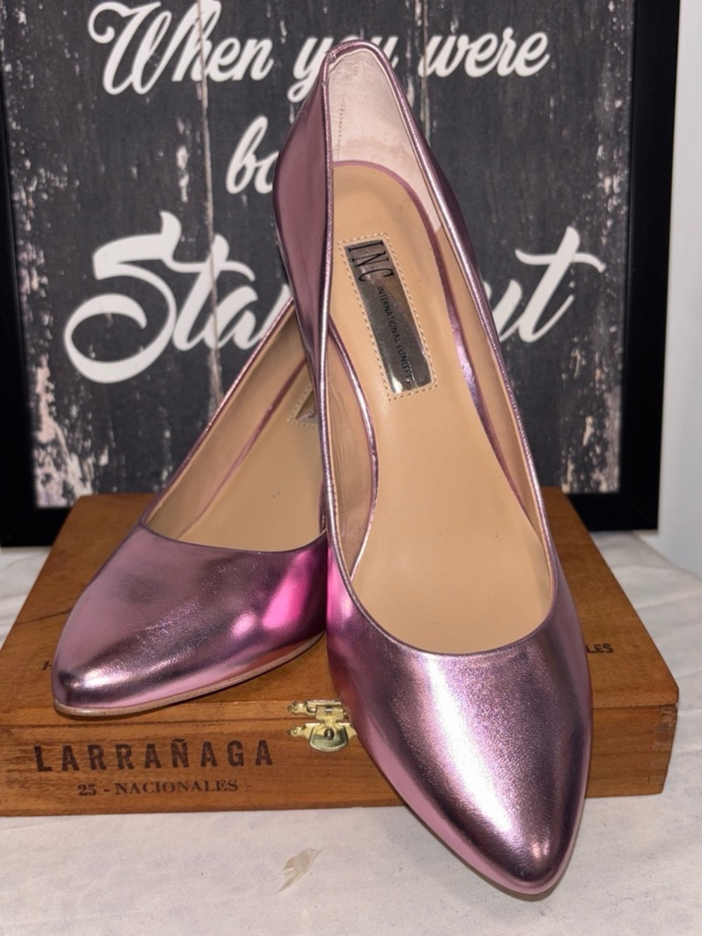 #Barbiecore, #Metallic, #Y2K 
INC International Concepts Metallic Pink Pointed-T